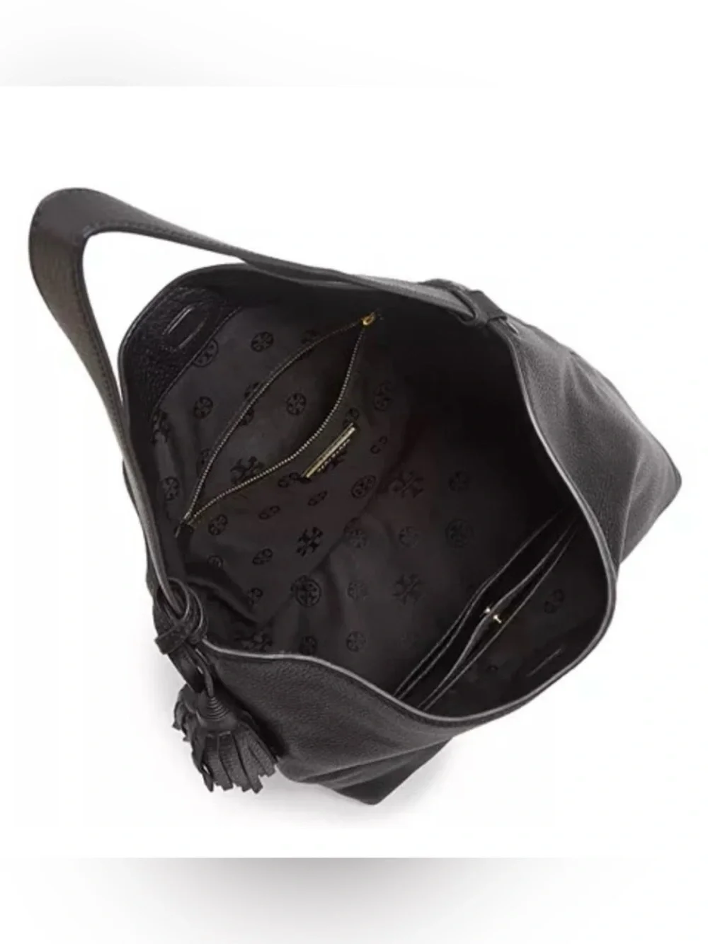 TORY BURCH Black Pebbled Leather Shoulder Hobo with Tassel